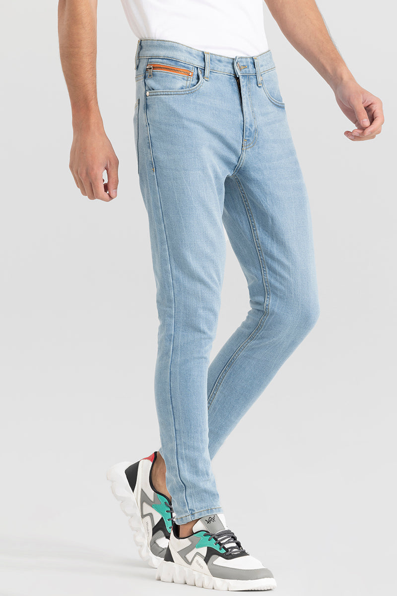 Zipper Pocket Whiskered Blue Skinny Jeans