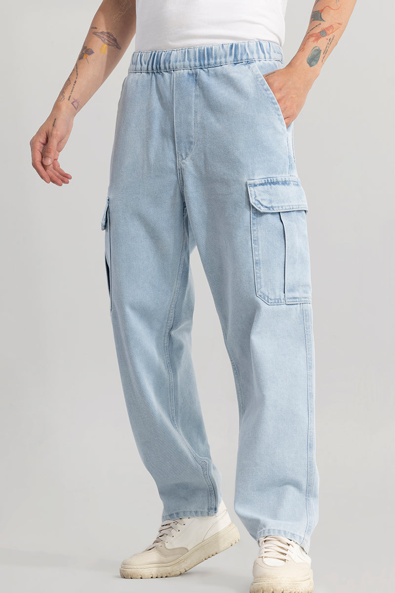 Buy Men's Pull On Ice Blue Baggy Fit Jeans Online | SNITCH