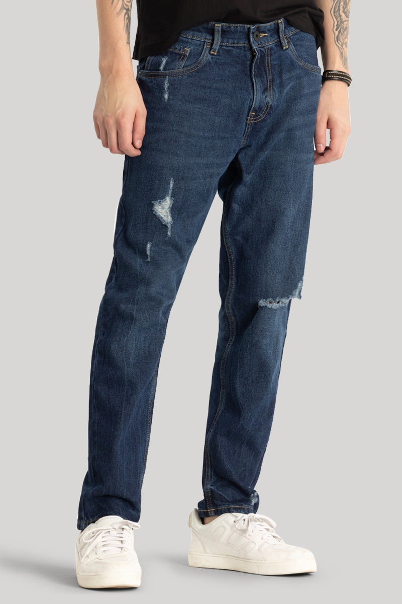 Navy Distressed Baggy Fit Jeans