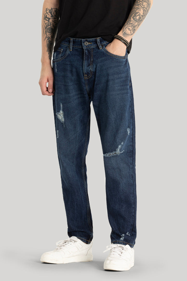 Navy Distressed Baggy Fit Jeans