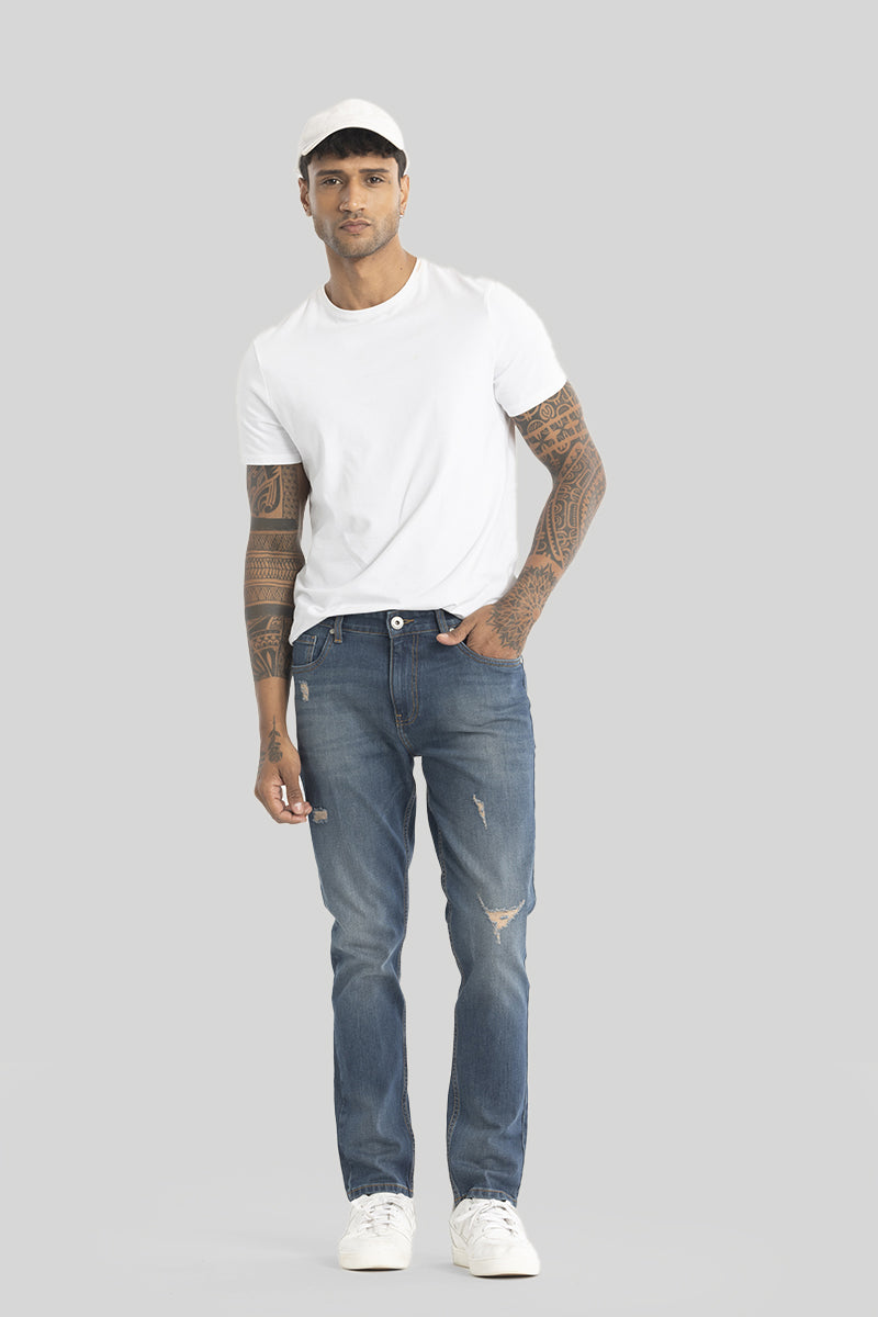 Slick Dark Blue Distressed Slim Fit Jeans