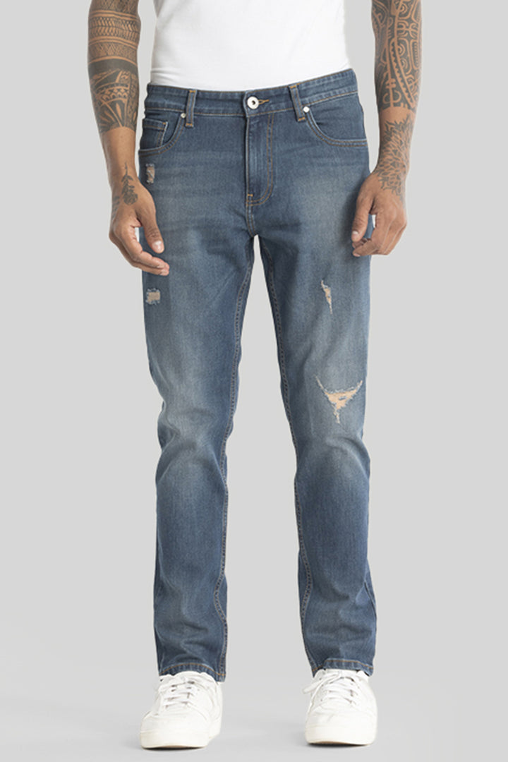 Slick Dark Blue Distressed Slim Fit Jeans