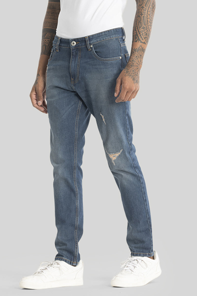 Slick Dark Blue Distressed Slim Fit Jeans