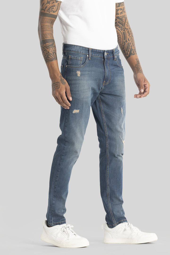 Slick Dark Blue Distressed Slim Fit Jeans