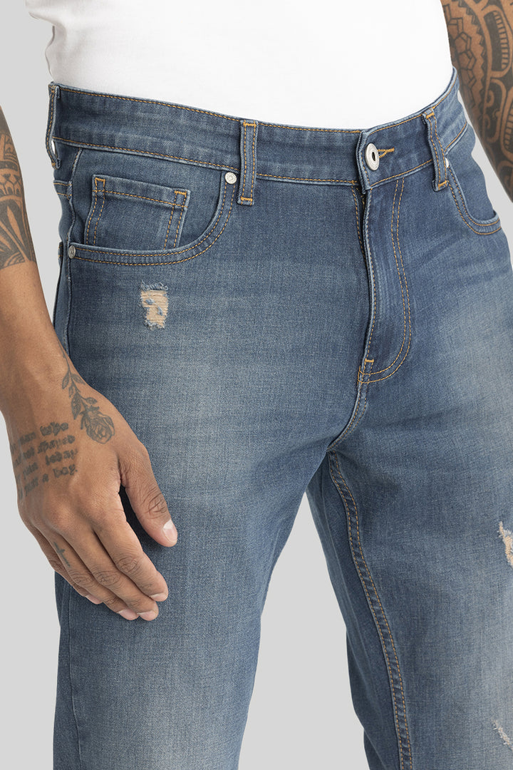 Slick Dark Blue Distressed Slim Fit Jeans