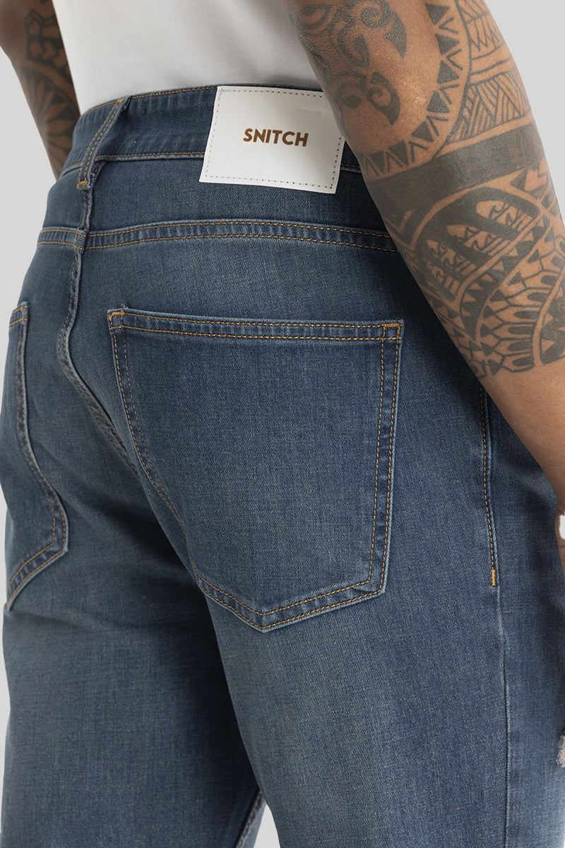 Slick Dark Blue Distressed Slim Fit Jeans