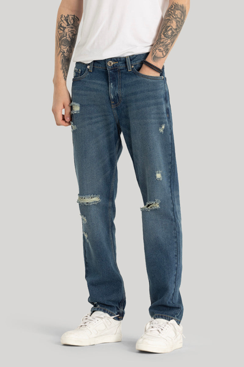 Blue Distressed Relaxed Fit Jeans