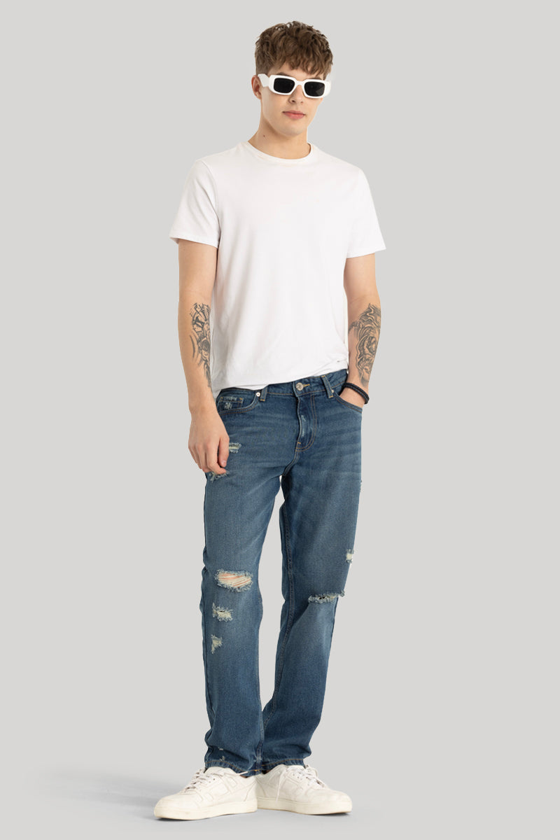 Blue Distressed Relaxed Fit Jeans