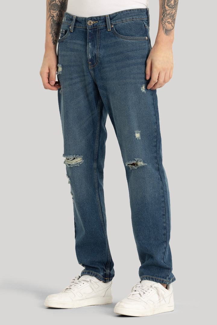 Blue Distressed Relaxed Fit Jeans