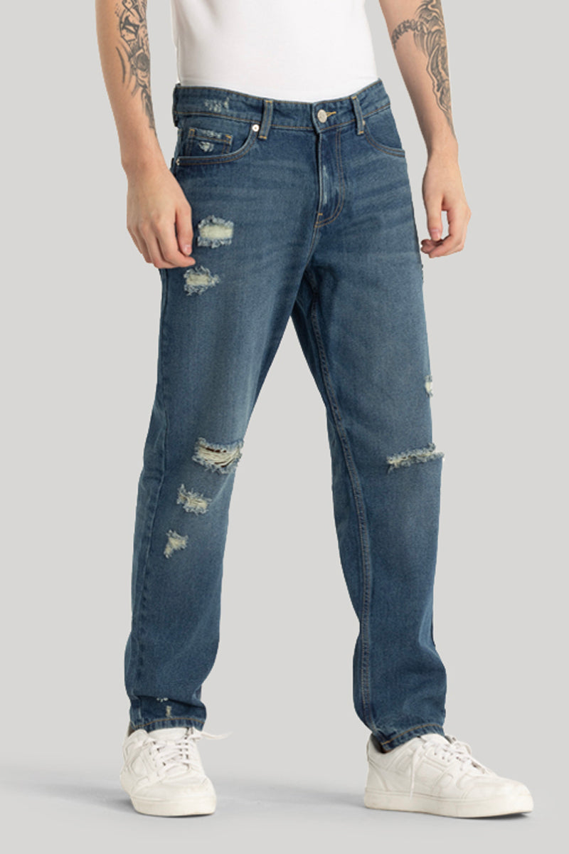 Blue Distressed Relaxed Fit Jeans