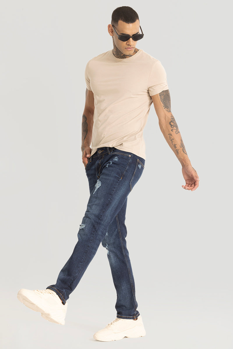 Navy Distressed Comfort Fit Jeans