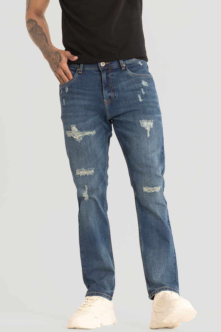 Blue Distressed Comfort Fit Jeans