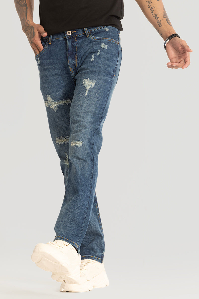 Blue Distressed Comfort Fit Jeans