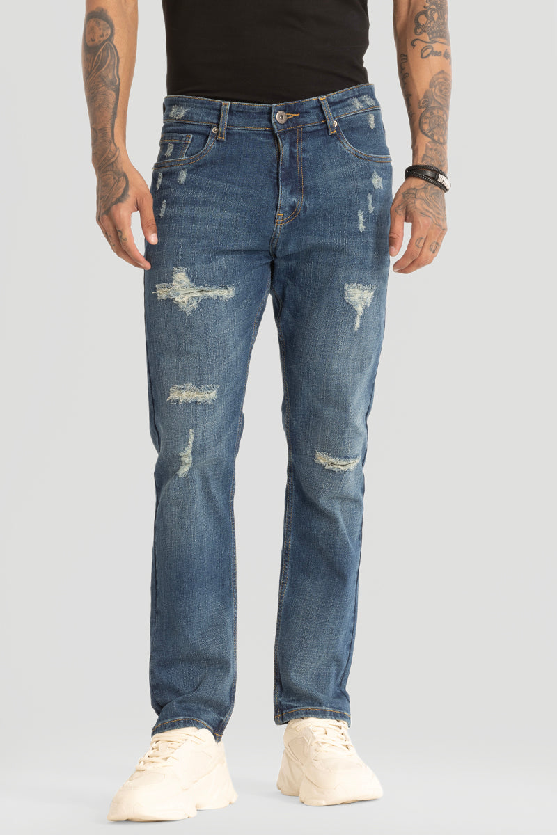 Blue Distressed Comfort Fit Jeans