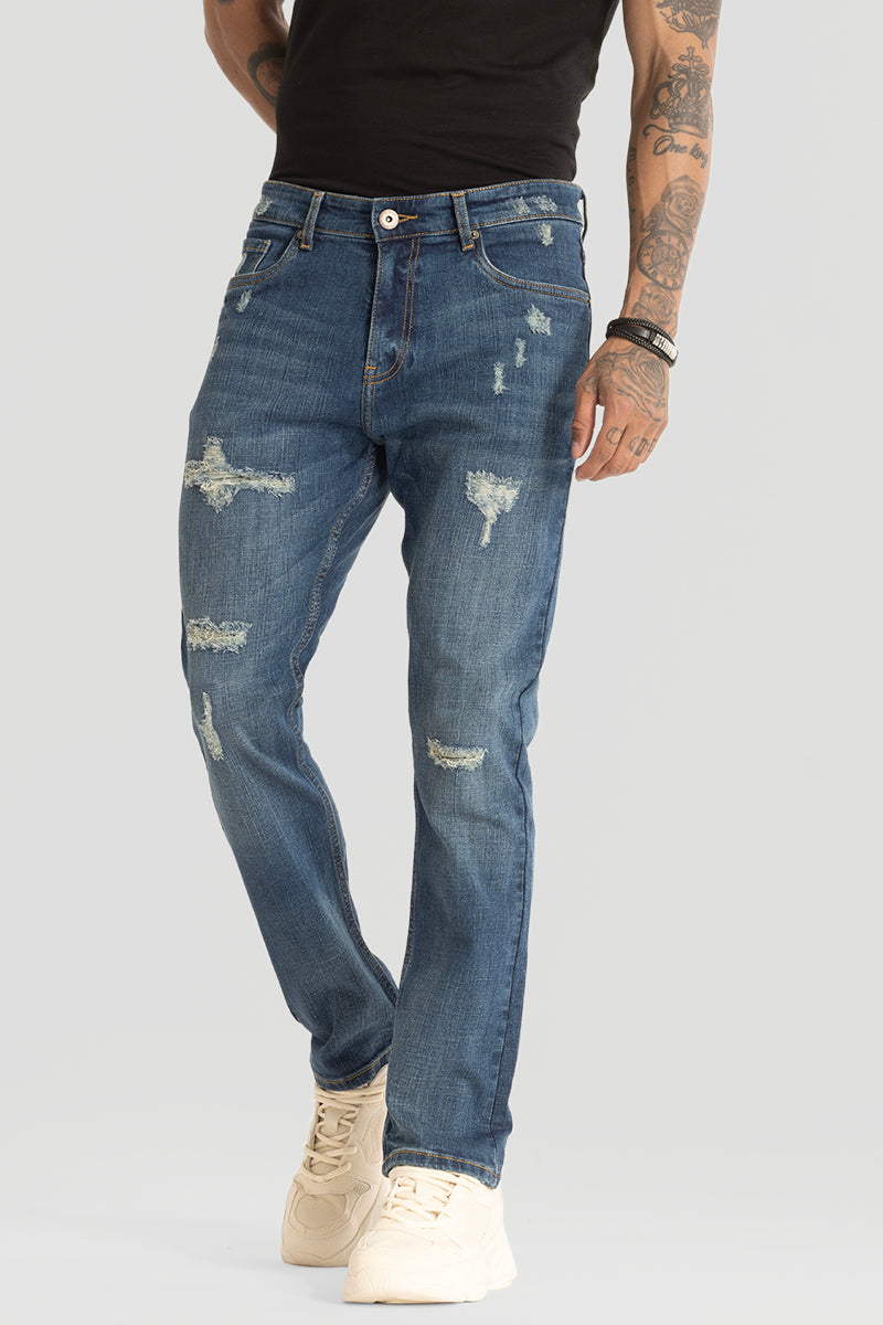 Blue Distressed Comfort Fit Jeans