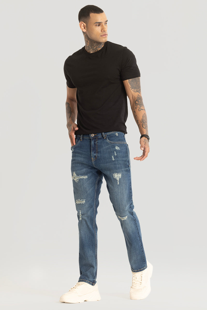 Blue Distressed Comfort Fit Jeans