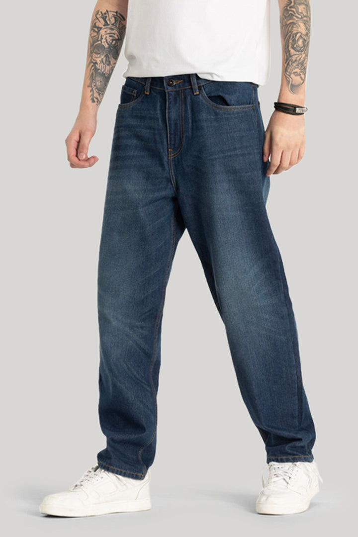 Dark Blue Plain Loose Fit Jeans