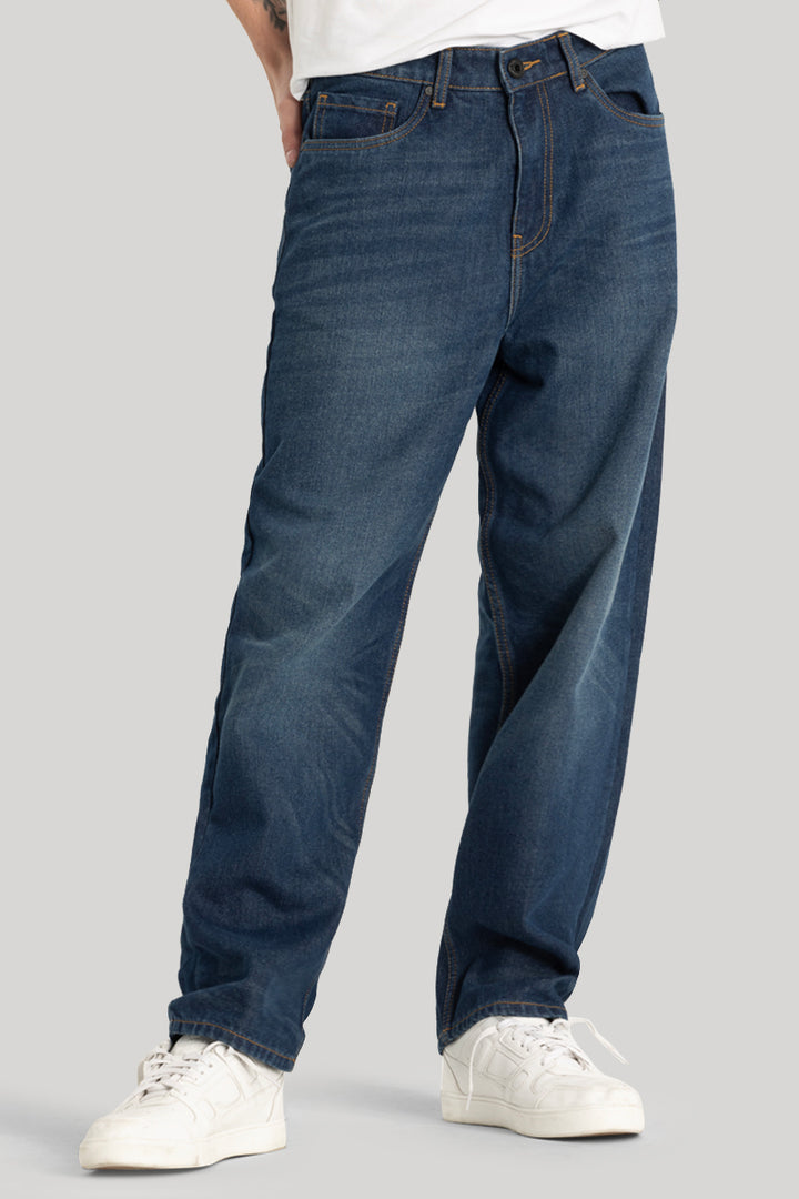 Dark Blue Plain Loose Fit Jeans