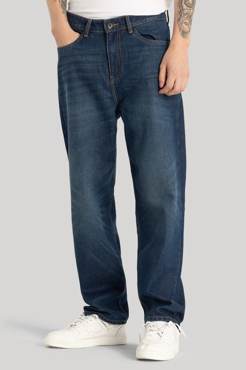 Dark Blue Plain Loose Fit Jeans