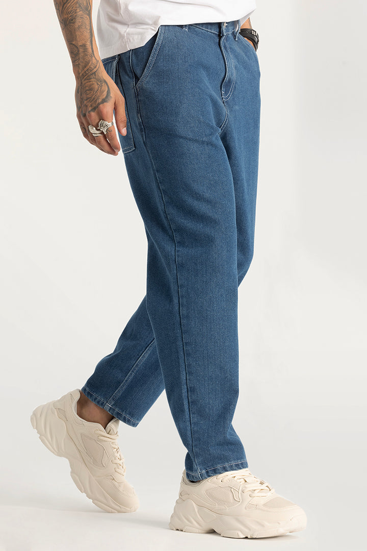 Blue Plain Baggy Fit Jeans