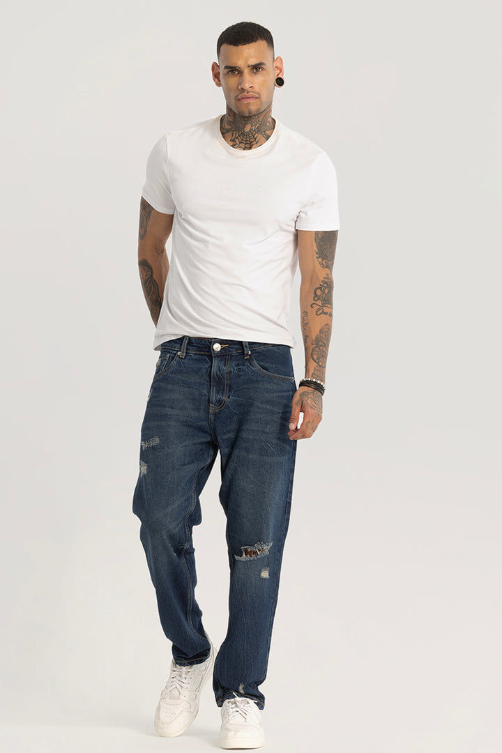 Blue Distressed Baggy Fit Jeans