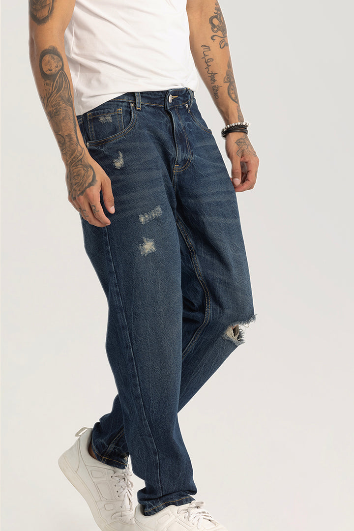 Blue Distressed Baggy Fit Jeans