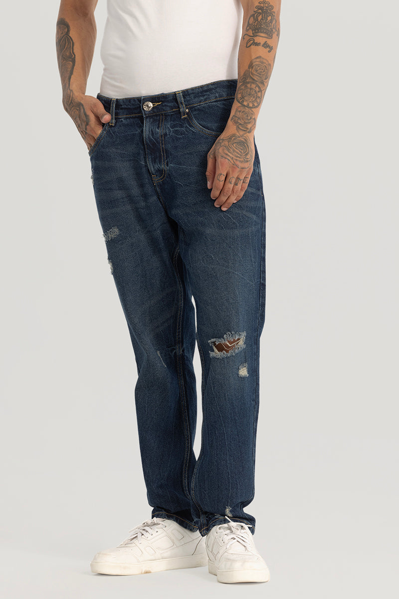 Blue Distressed Baggy Fit Jeans