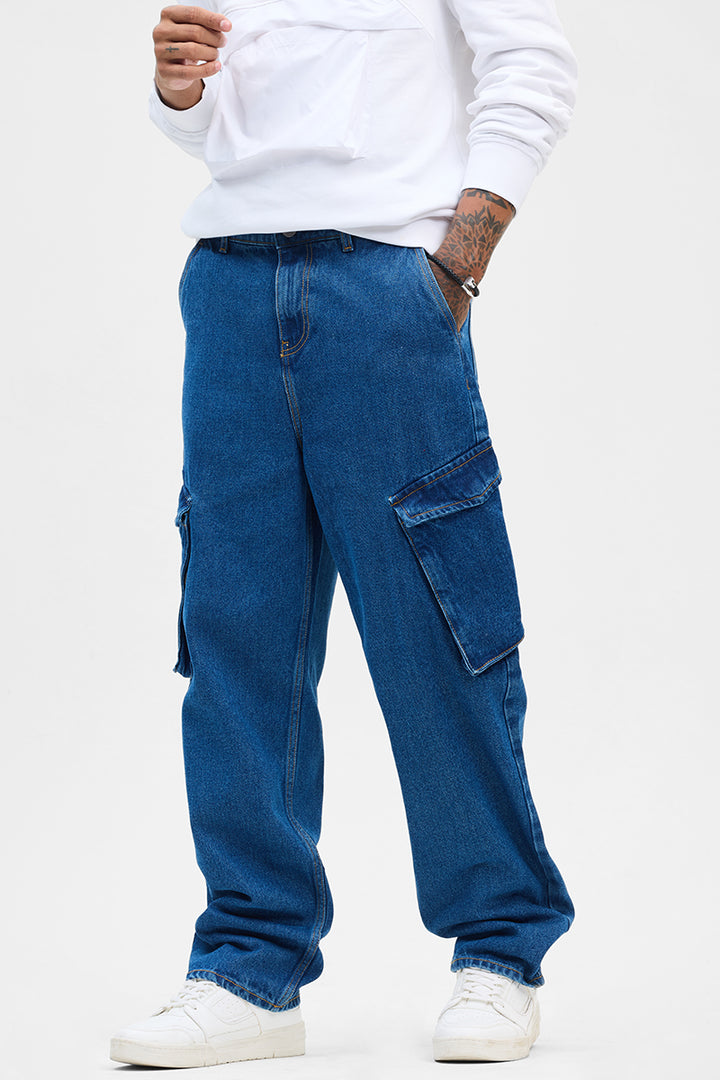 Blue Loose Fit Cargo Jeans