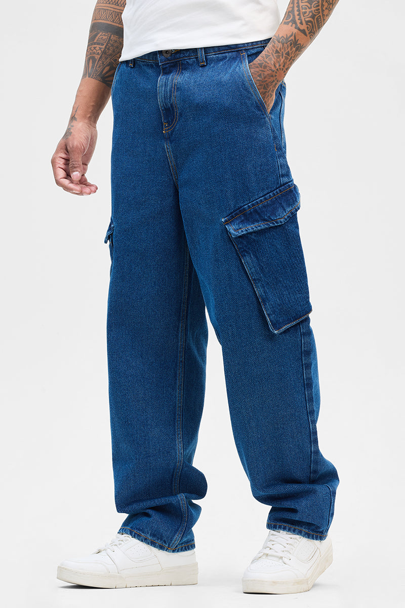 Blue Loose Fit Cargo Jeans