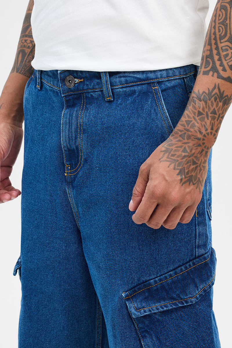 Blue Loose Fit Cargo Jeans