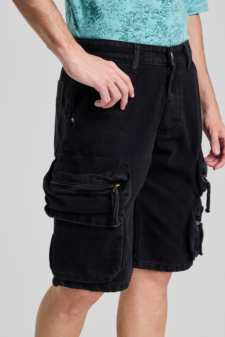 Black Regular Fit Cargo Shorts