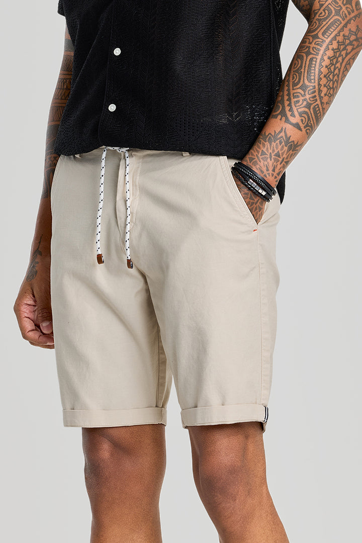 Beige Plain Linen Regular Fit Shorts