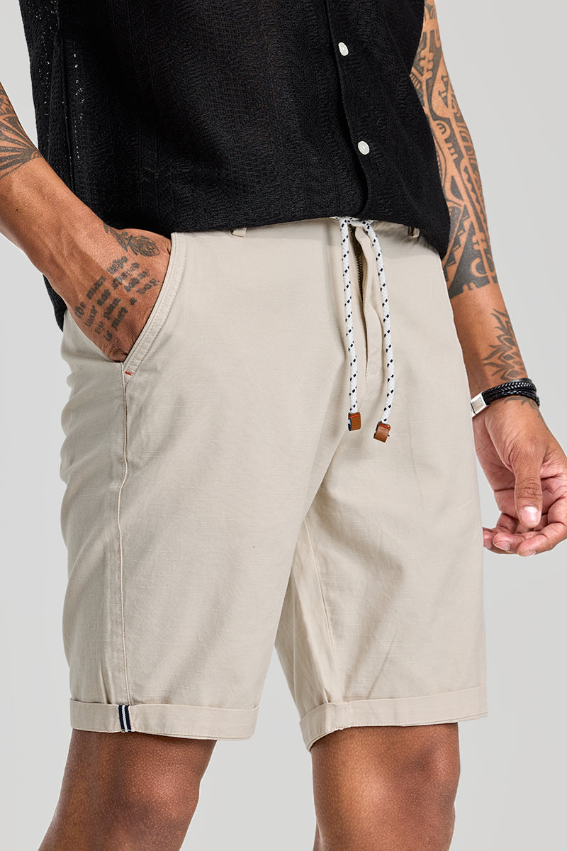 Beige Plain Linen Regular Fit Shorts