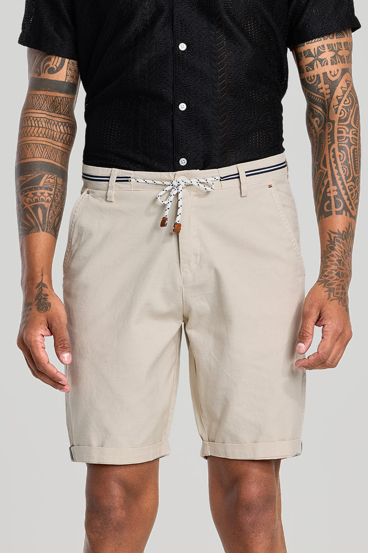 Beige Plain Linen Regular Fit Shorts