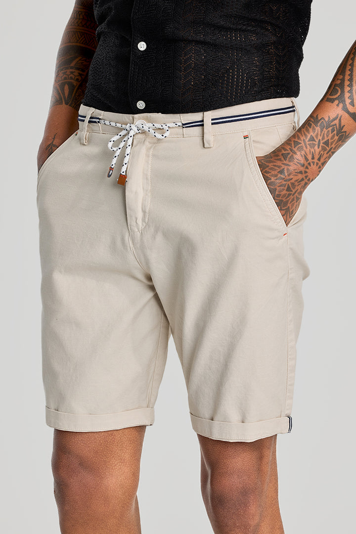 Beige Plain Linen Regular Fit Shorts