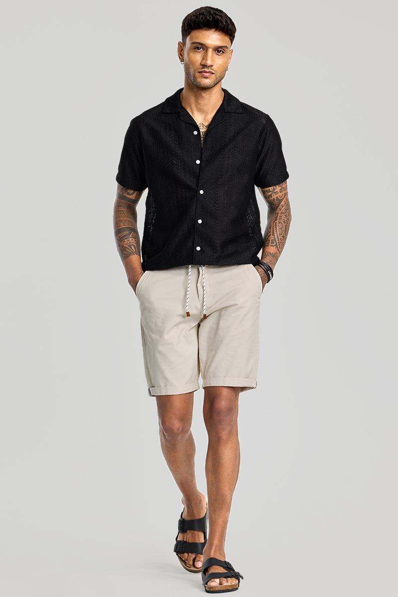 Beige Plain Linen Regular Fit Shorts