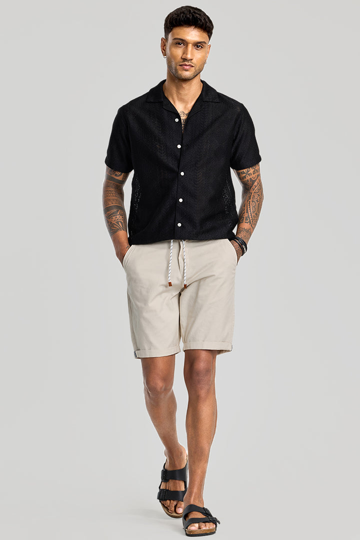 Beige Plain Linen Regular Fit Shorts