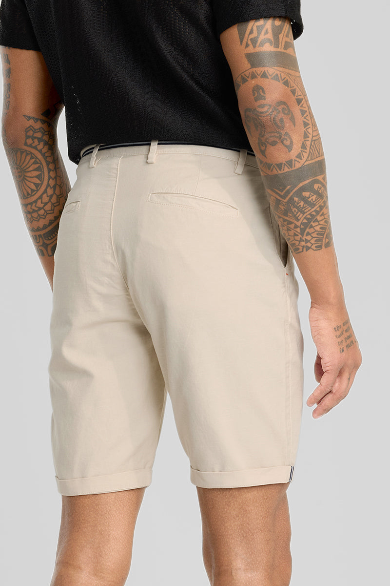 Beige Plain Linen Regular Fit Shorts