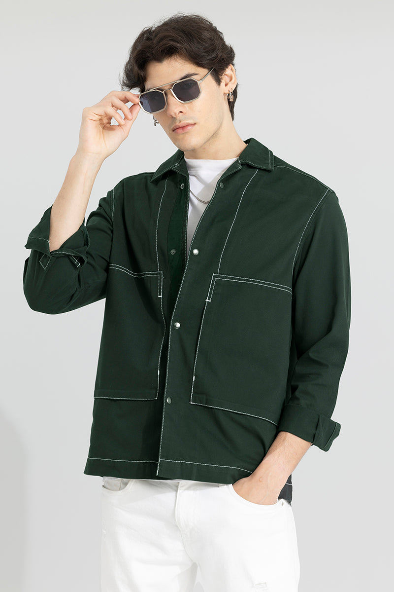 Buy Mens Contrast Stitch Green Overshirt Online Snitch