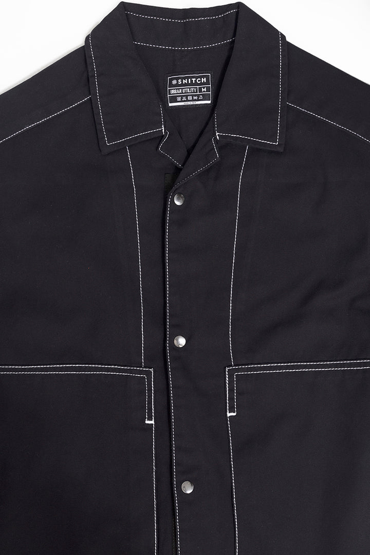 Contrast Stitch Black Overshirt