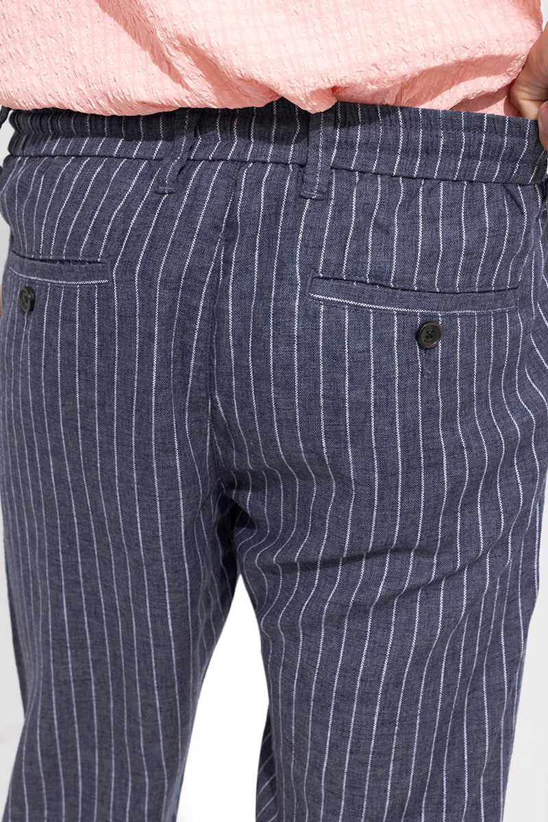 Newark Navy Blue Slim Fit Laced Striped Linen Pants