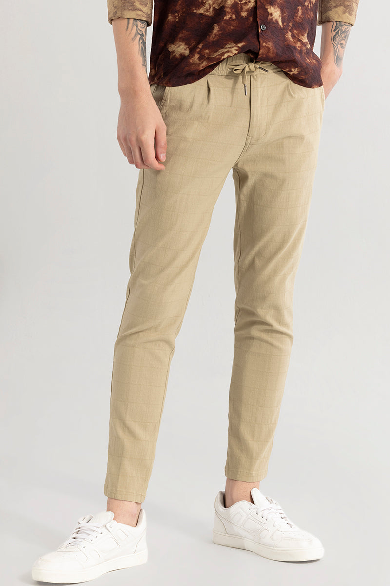 Veluxe Beige Checked Linen Blend Pant