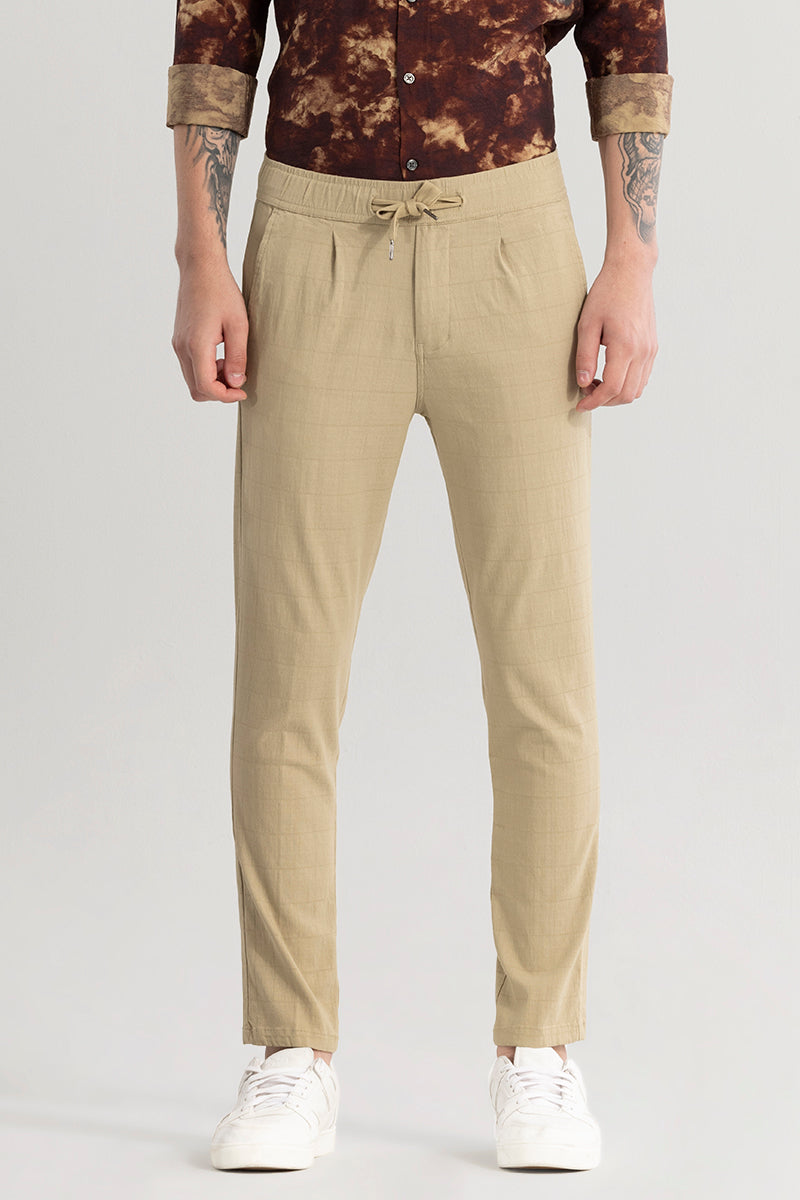 Veluxe Beige Checked Linen Blend Pant