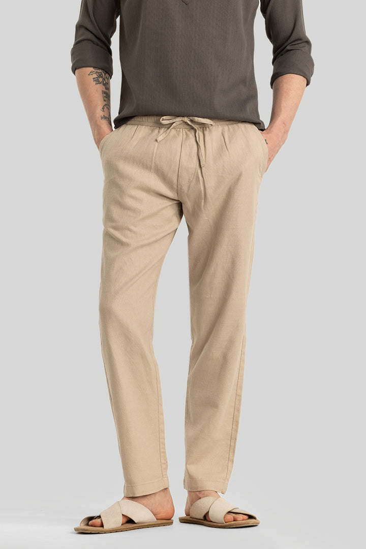 Martino Beige Plain Relaxed Fit Trousers