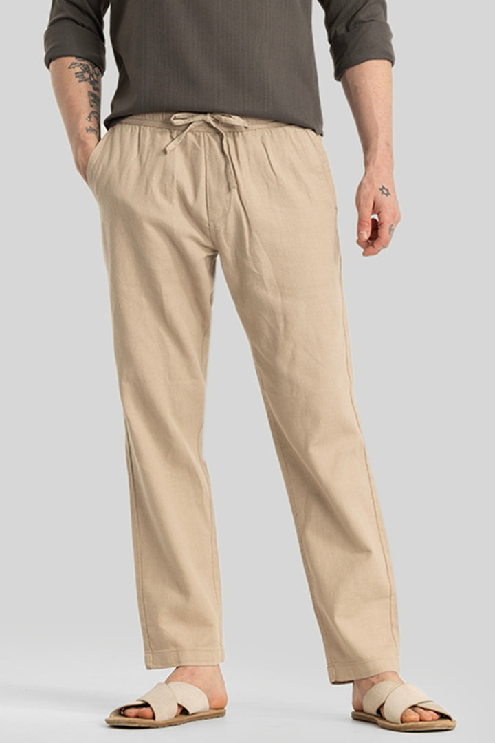 Martino Beige Plain Relaxed Fit Trousers