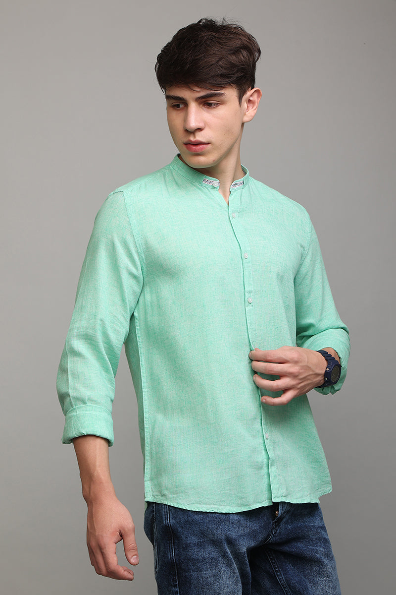 Buy Men's Tapped Collar Green Linen Shirt Online | SNITCH