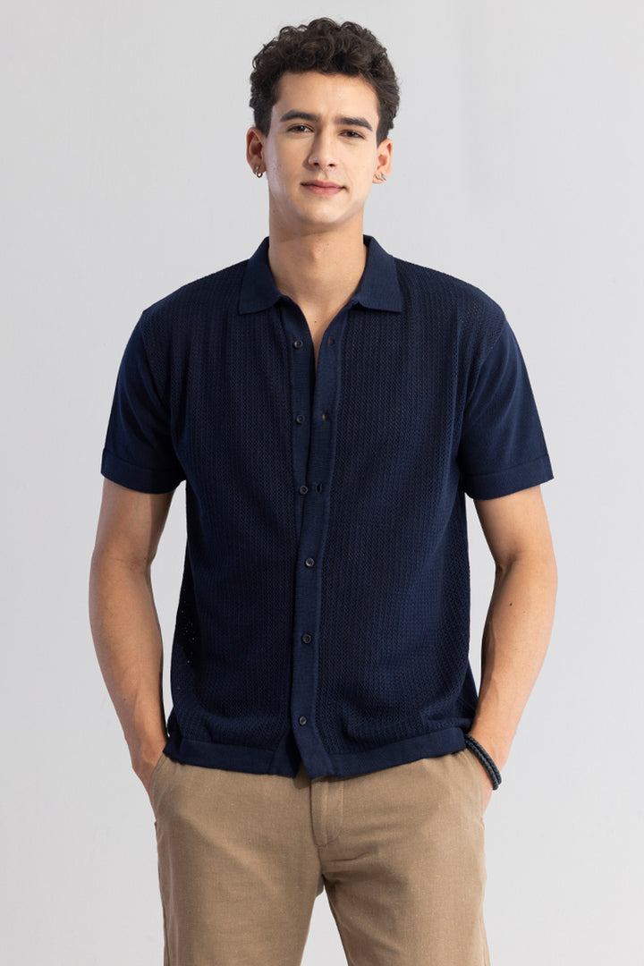 Serene Knit Elegance Navy Blue Shirt