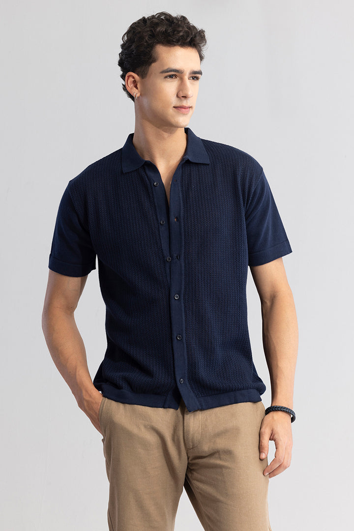 Serene Knit Elegance Navy Blue Shirt