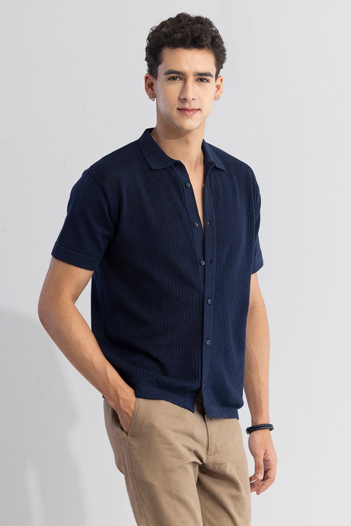 Serene Knit Elegance Navy Blue Shirt