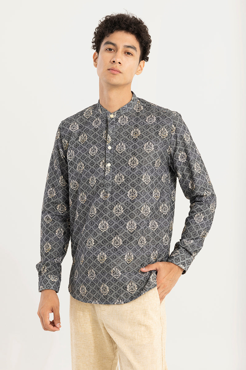 Motif Print Grey Embroidery Kurta